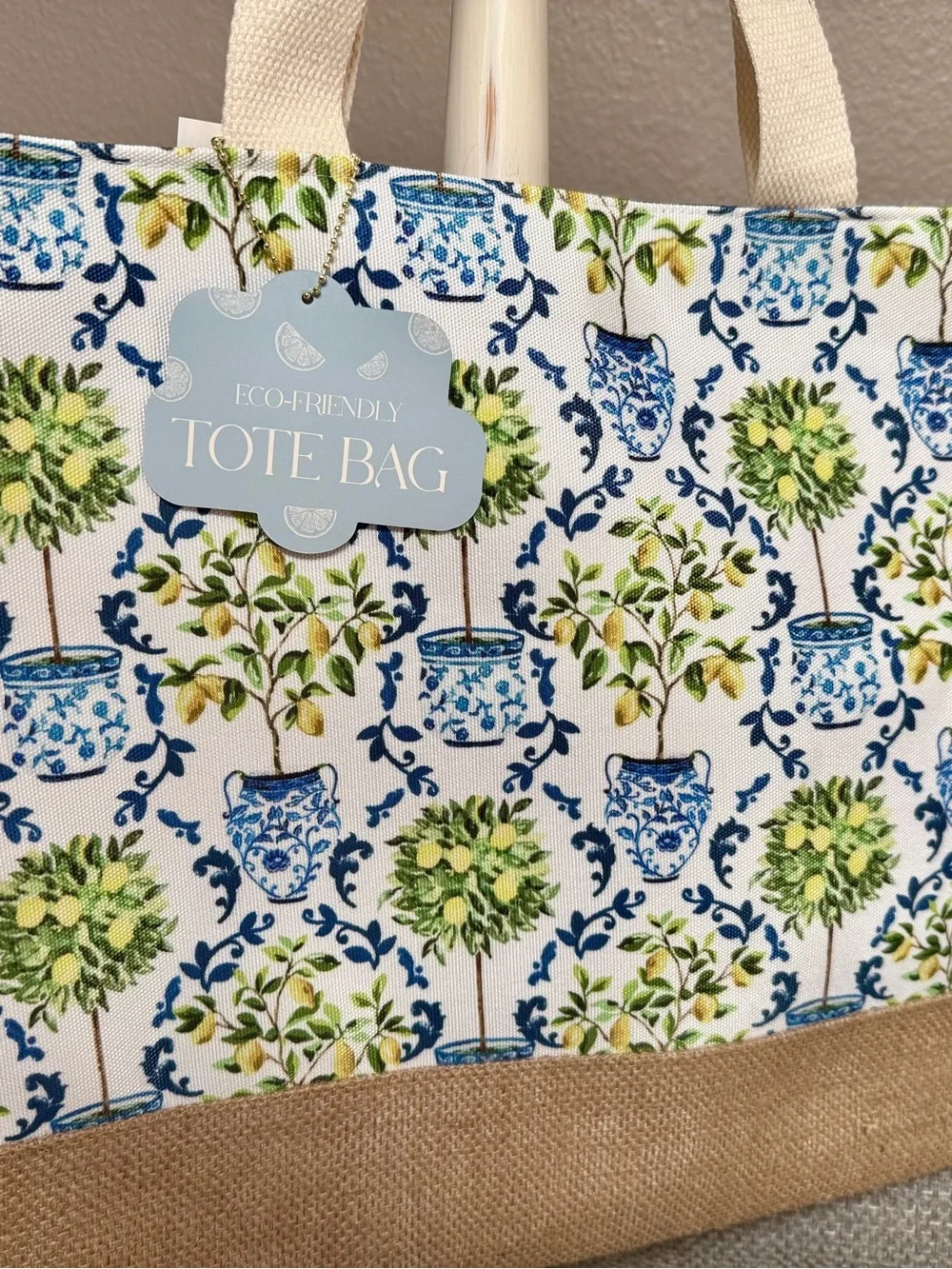 New Lemon Tree Blue Toile Potted Floral Canvas Tote Book Bag Reusable Burlap NWT